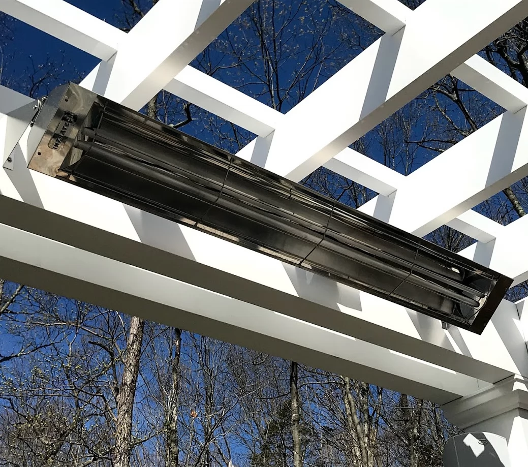 An outdoor, electrical heater attached to a fiberglass beam